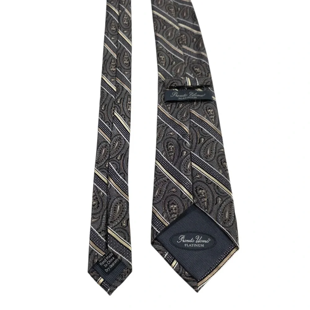 Pronto Uomo Platinum Paisley Silk Tie Mens Woven Striped Pattern Gray‎ Gold
